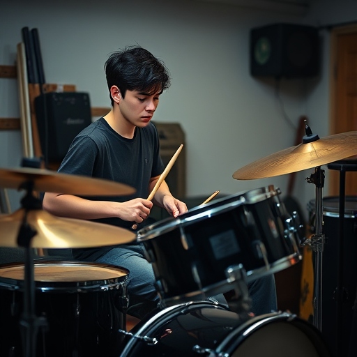 Morgan playing drums in his garage